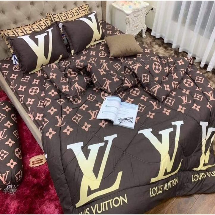 Bộ Ga Gối Poly Cotton Felicia Combo 5 Món Mẫu kẻ LV m2/m6/m8/2m2, 2 Gối + 1 Ga + 1 Vỏ Ôm + 1 Chăn