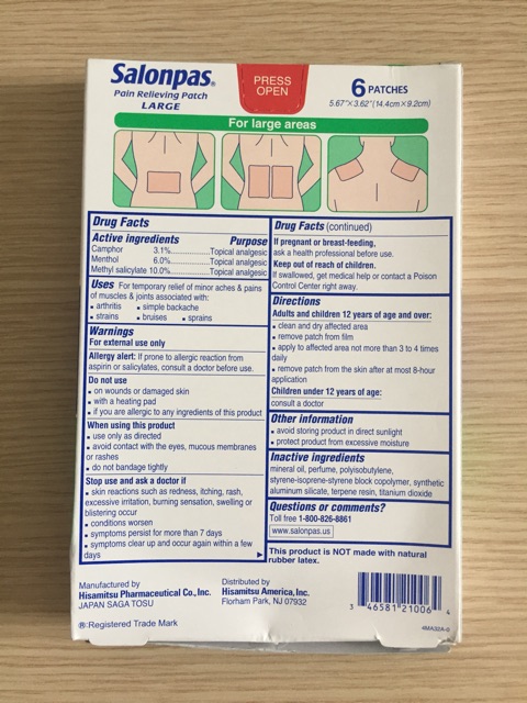 Cao dán giảm đau Salonpas Pain Relief Patch của Mỹ- 6 miếng/hộp