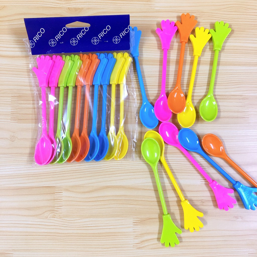 SET 10 CÂY MUỖNG NHỰA HÌNH BÀN TAY 14CM LOẠI NGẮN NHIỀU MÀU pha chế thìa bar que khuấy sinh tố