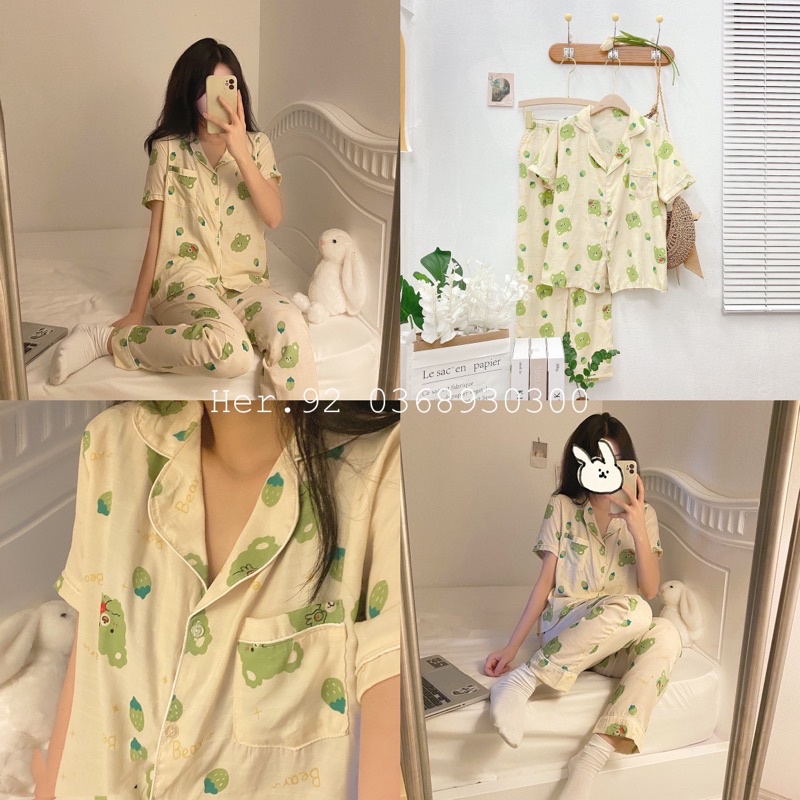 Đồ bộ nữ mặc nhà dễ thương, bộ ngủ hoạt hình cao cấp tay cộc quần dài mùa hè chất đũi lụa tơ Thái