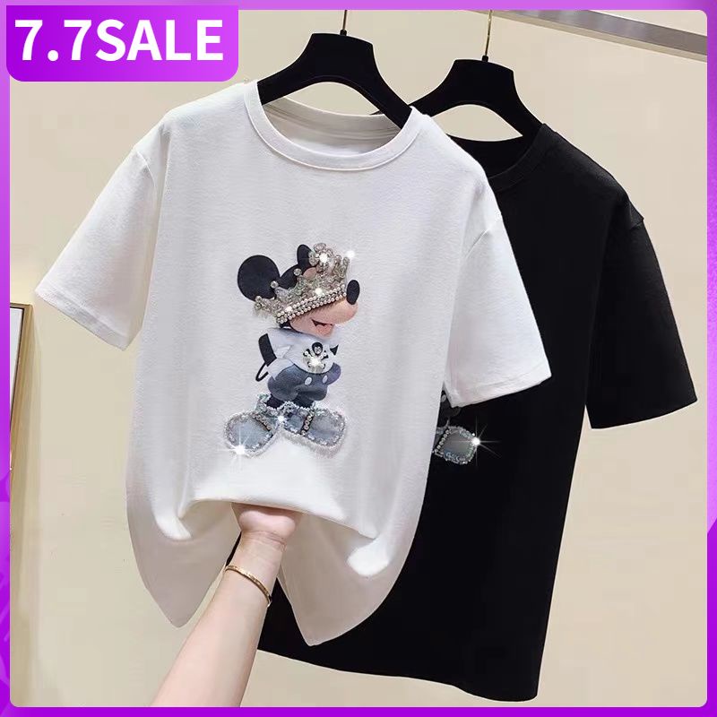 Áo thun cotton dáng rộng họa tiết chuột Mickey dễ thương cho nữ