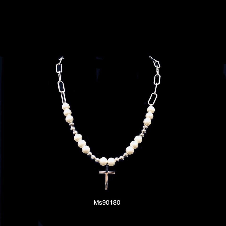 Vòng cổ chain xích mix hạt ngọc chữ thập cá tính - vòng cổ unisex