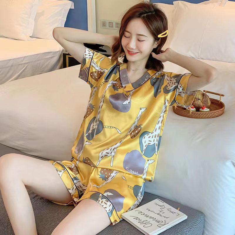 Bộ Đồ Ngủ Tay Ngắn Chất Lụa Satin In Họa Tiết Hoạt Hình Phong Cách Hàn Quốc Thời Trang Cho Nữ Size M-4XL