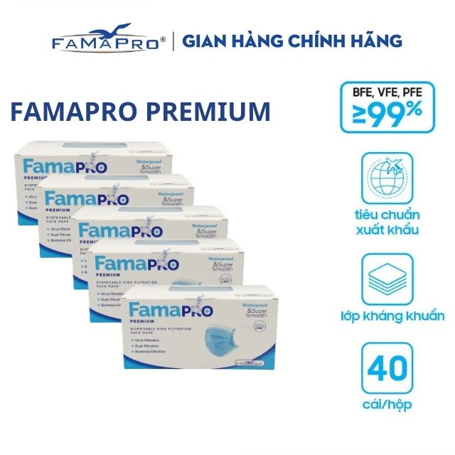 [PREMIUM COMBO 5 HỘP 40 CÁI] Khẩu trang y tế cao cấp 4 lớp kháng khuẩn Famapro Premium