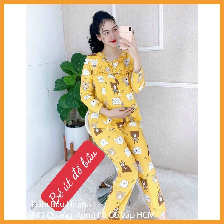 [SIZE 40-70KG] Đồ bộ bầu cho bé ty mặc bầu và sau sinh tay dài quần dài có lưng thun điều chỉnh vải lụa mango thoáng mát