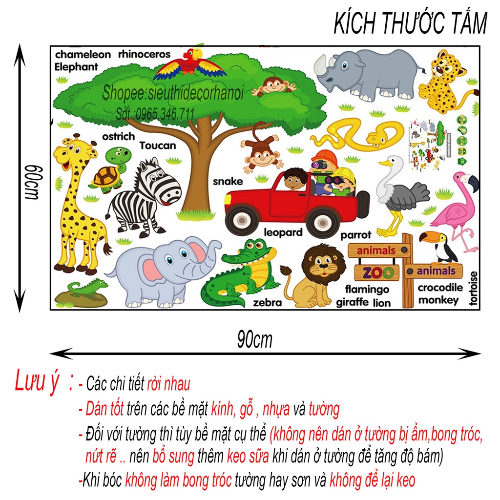 Decal dán tường Hình Các Con Vật Dán Tường Cho Bé . Đề can dán tường trang trí phòng ngủ