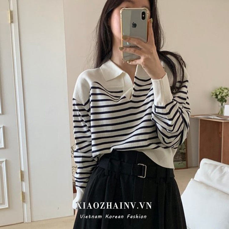 Xiaozhainv Áo Sweater Tay Dài Dáng Rộng Kẻ Sọc Thời Trang Retro Hàn Quốc Cho Nữ 3 Màu Lựa Chọn
