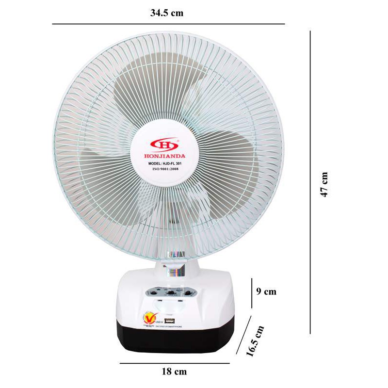 [Mã ELMS5 giảm 7% đơn 300K] Quạt Sạc 1 bình và 2 bình Kiêm Đèn sạc Honjianda HJD - FL 301 LED (trắng)