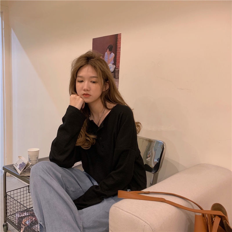 Áo Thun Tay Dài Dáng Rộng Phong Cách Hàn Quốc Cho Nữ