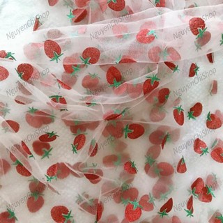 Vải lưới dâu tây làm scrunchies, may váy đầm,áo xiêu đẹp hàng loại 1