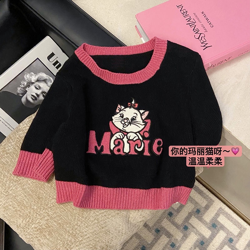 Áo Len Dệt Kim Ngắn Tay Họa Tiết Hoạt Hình Phối Màu Tương Phản Phong Cách Retro Nhật Bản Cho Nữ  tao bao