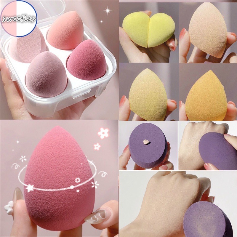 Set 4 mút trang điểm kèm hộp đựng trong suốt - Bộ bông tán kem nền makeup hồng tím xanh vàng