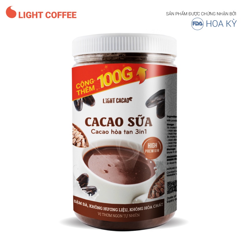 Cacao sữa hòa tan 3in1 Light Cacao thơm ngon, tiện lợi, không hương liệu - Hũ 230gr - 650gr từ nhà sản xuất Light Coffee