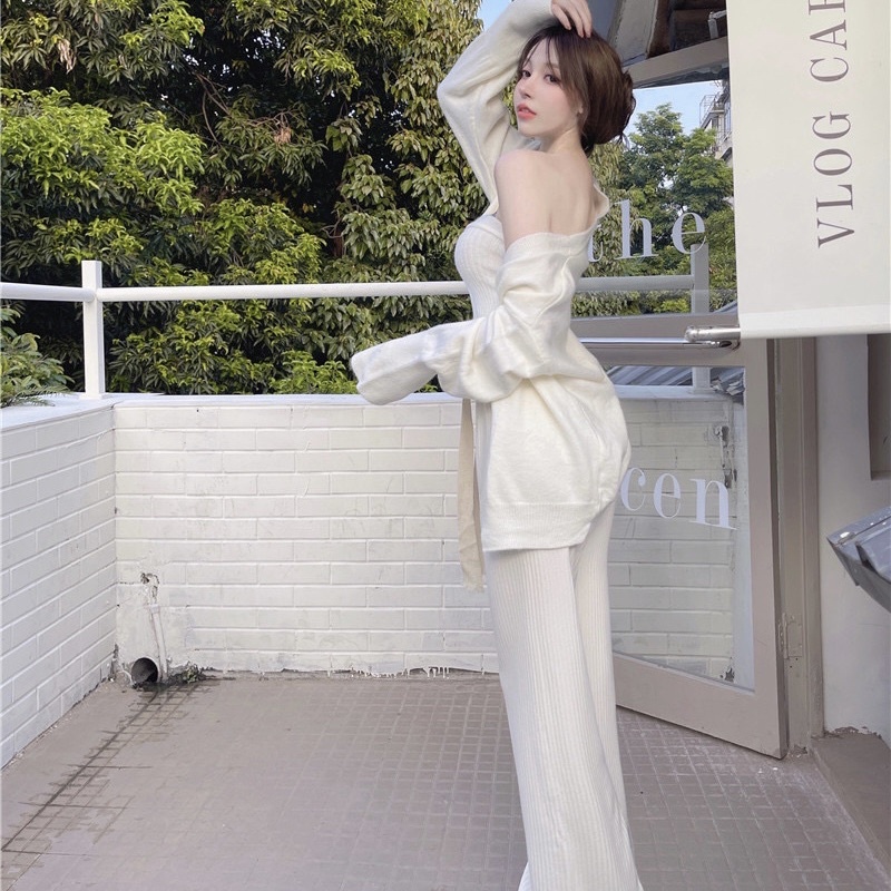SET CARDIGAN TRẮNG MIX QUẦN SUÔNG DÀI PHONG CÁCH HÀN QUỐC