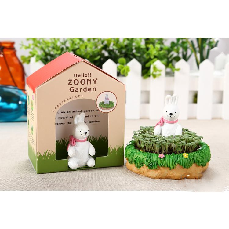 Chậu trồng cây tự tưới Ecoey hình Zoony Garden kèm hạt giống và đất Cỏ lá