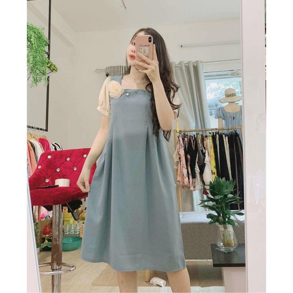 Đầm bầu cổ vuông hoa ngực M317 vải cát hàn thời trang thiết kế Mom and baby