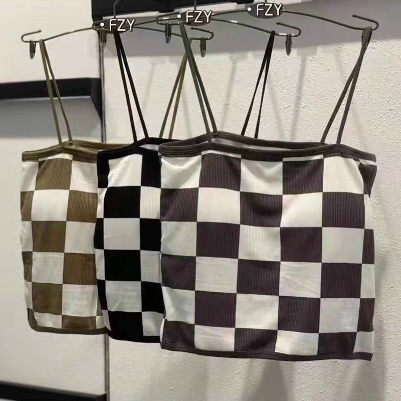 Áo 2s hai dây cotton tăm kẻ caro croptop hàng QC