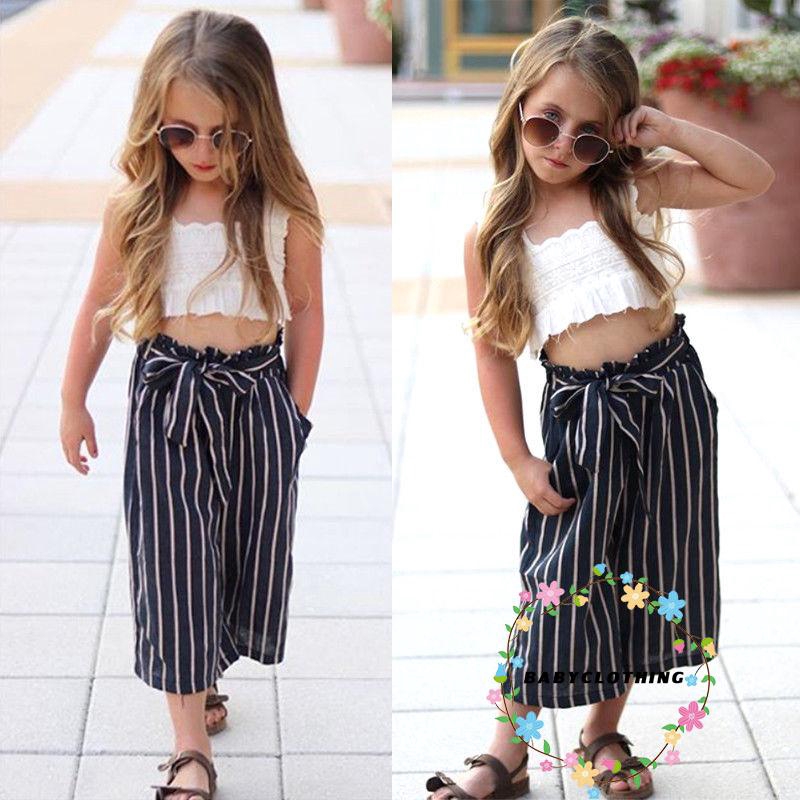 ღWSVღ2pcs Kids Baby Girls Outfits Casual T-shirt Tops Long Bowknot Pants Clothes Set