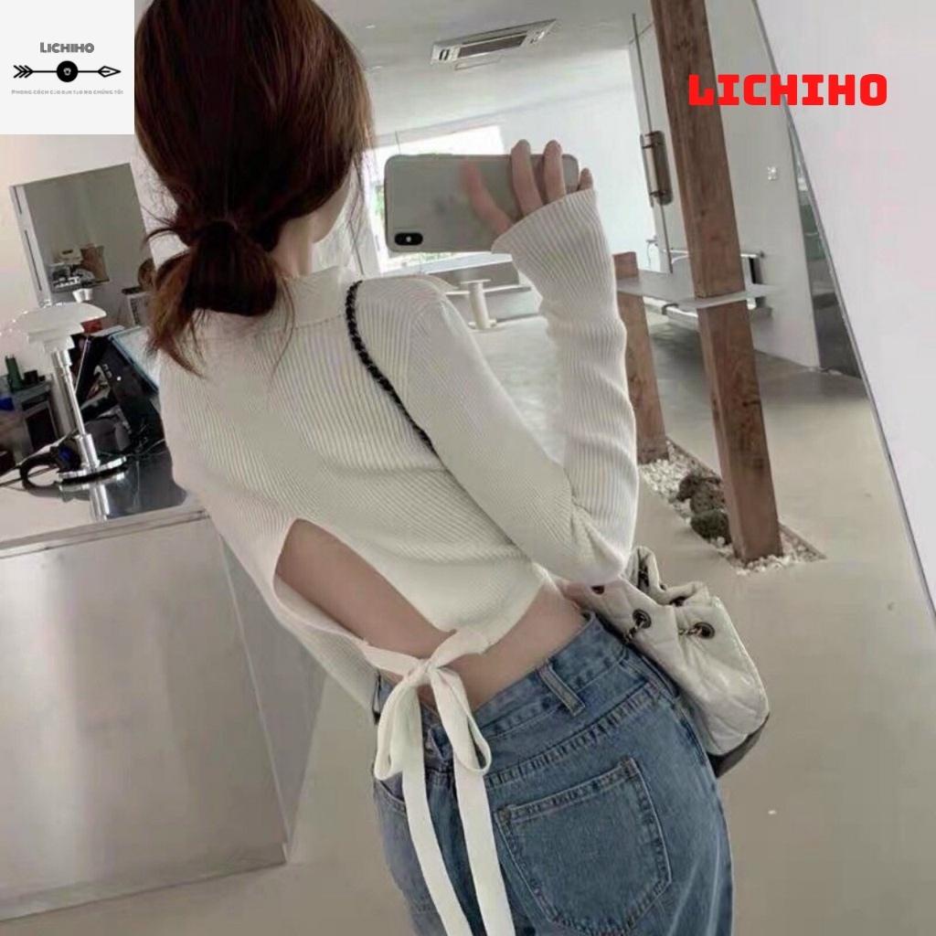 Áo croptop nữ cổ tim nơ lưng tay dài CT11 LICHIHO áo thun nữ quyến rủ | BigBuy360 - bigbuy360.vn