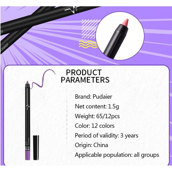 Bút chì kẻ viền môi PUDAIER 16 màu sắc tùy chọn cao cấp dành cho trang điểm 11g