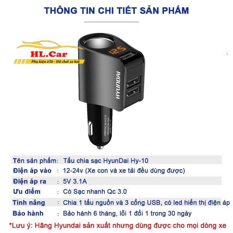 Tẩu Sạc Ô Tô, Xe Hơi Hyundai Chính Hãng, Có Đèn Led Báo Điện Áp Ắc Quy - Đầu Ra 3 Cổng USB, 1 Cổng Tẩu Tròn