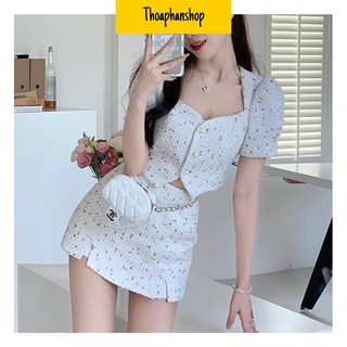 Set dạ đốm áo croptop + chân váy xẻ tà