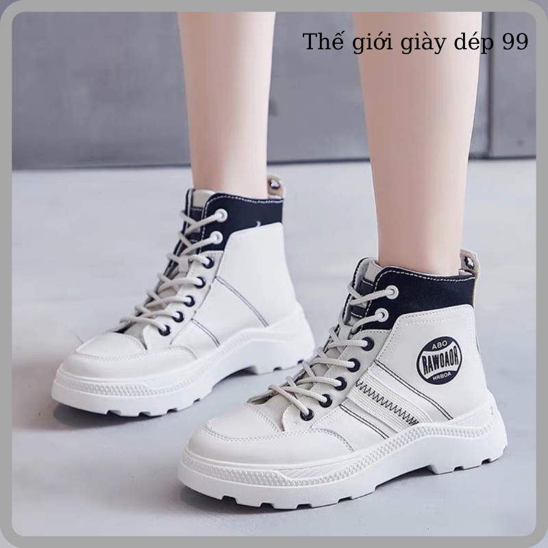 Bốt nữ - giày boots cao cổ nữ cá tính phong cách hàn quốc màu trắng - Xanh dạng bốt đế thấp siêu hot trend năm 2021