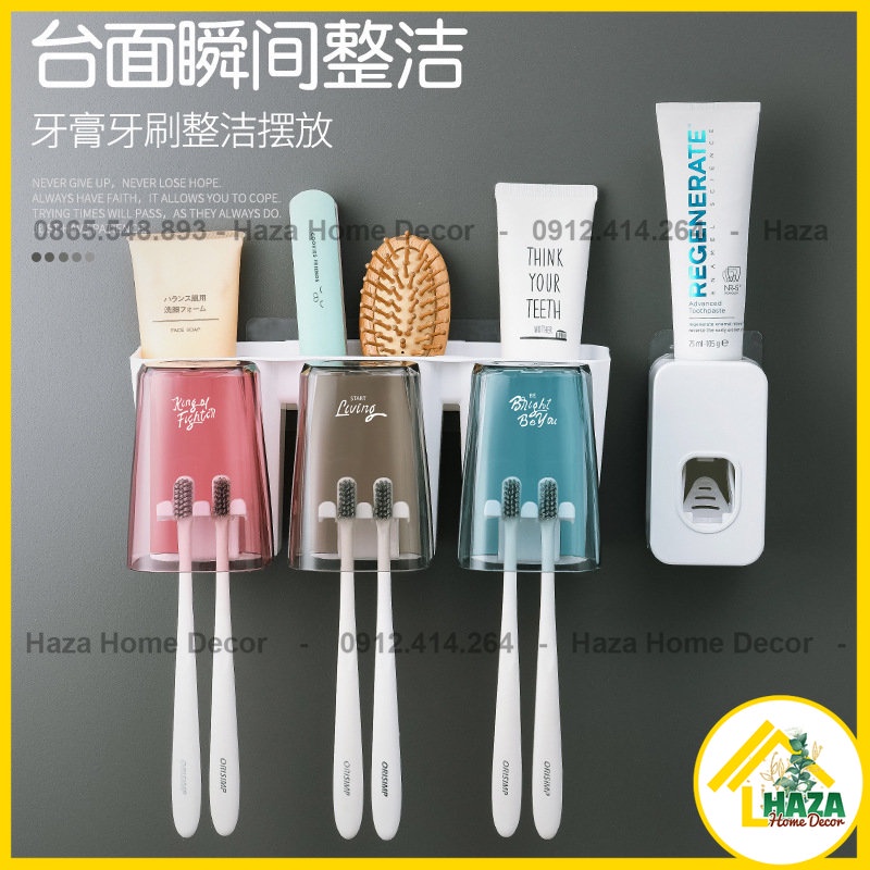 Giá Để Bàn Chải Đánh Răng Đa Năng Dán tường, Bộ bóp nhả kem đánh răng chất liệu Nhựa kèm cốc