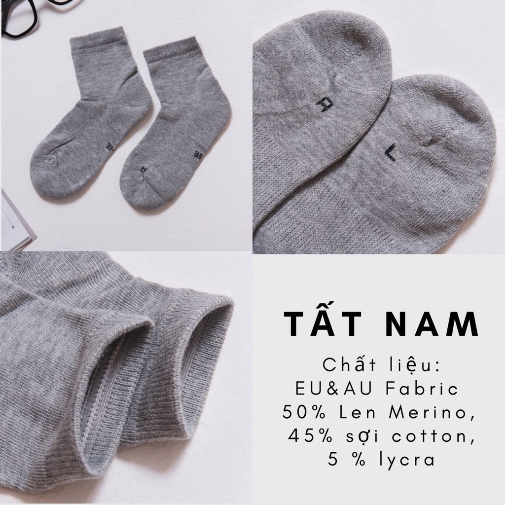 Tất Nam Cotton Len Cao Cấp Co&amp;Com Lót Lông Êm Ái Khử Khuẩn Chống Hôi Chân Màu Ghi Xám