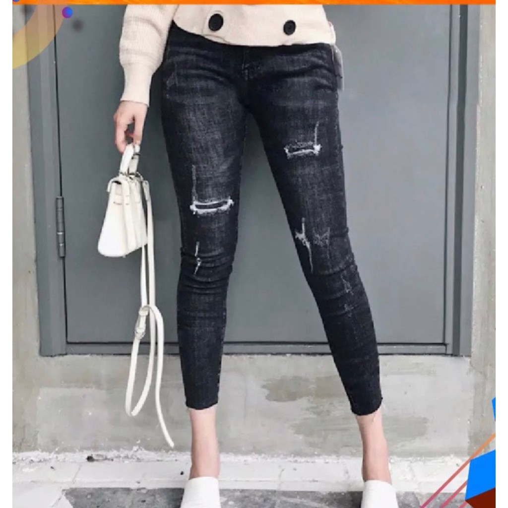 Quần jean dài 9 tấc màu xám lông chuột, lưng cao, co dãn mạnh 2544