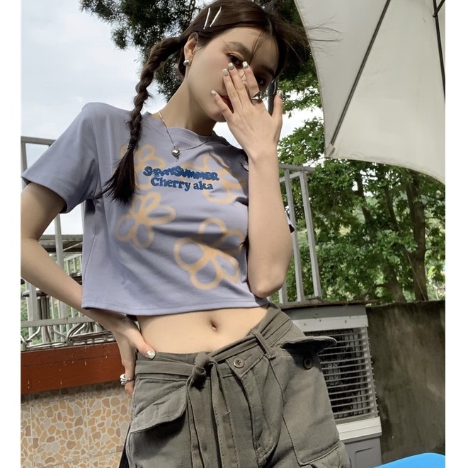 QKOOLE  Áo crop top Nữ Tay Ngắn In Hình Thời Trang Hàn Quốc
