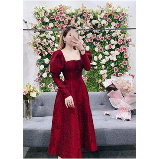 XƯỞNG SỈ _ Đầm dự tiệc gấm dài tay bồng cổ vuông cực sanggg _ màu đỏ