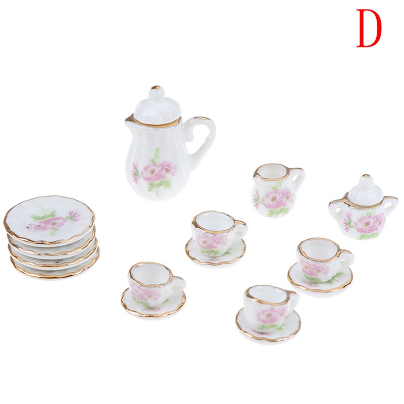 Bộ tách ấm trà kích thước 1:12 gồm 15 món dùng để trang trí nhà búp bê