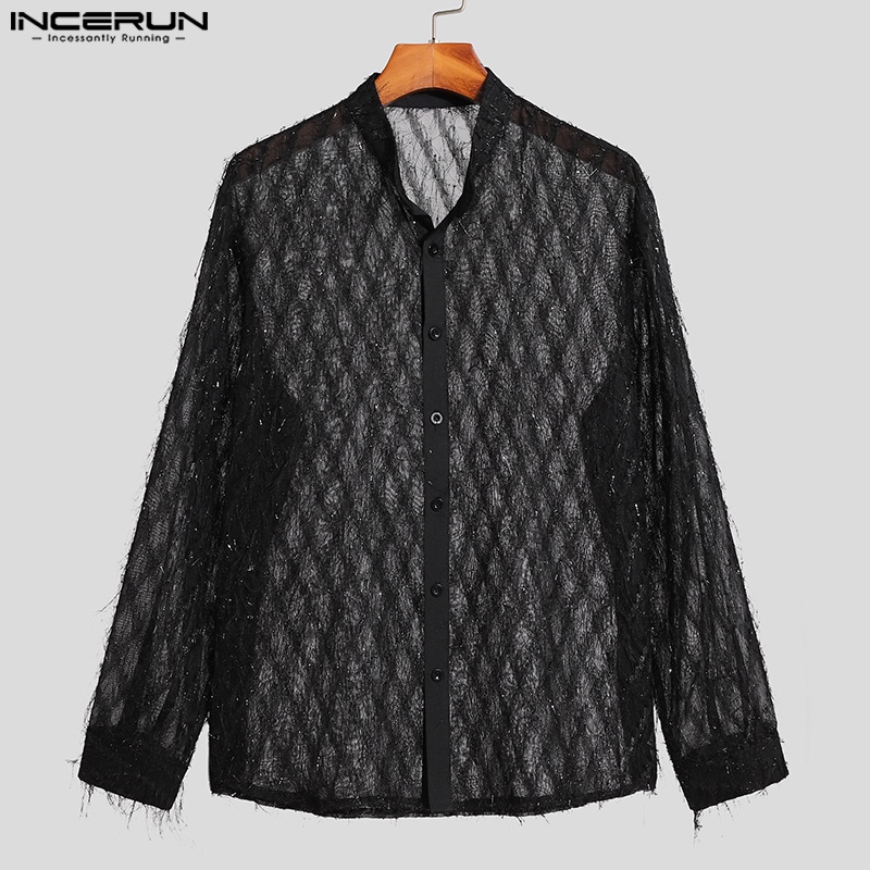 Áo sơ mi INCERUN tay dài nhìn xuyên qua cài nút họa tiết sọc caro thời trang dành cho nam