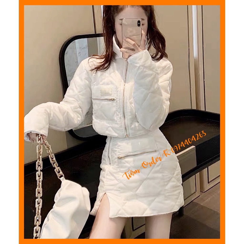 ORDER♥️Set Áo Phao Trắng Kéo Khoá+Chân Váy(ảnh thật)Size S-&gt;XL