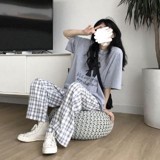  Quần dáng suông ống rộng in sọc caro thời trang Hàn Quốc mùa hè 2020