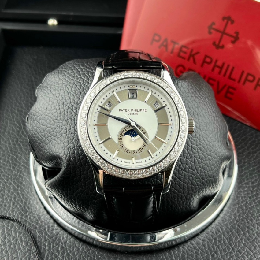 Đồng hồ nam dây da PATE PHlLlPPE Automatic P09 viền đính đá size 40mm Fullbox ,chống nước,vỏ thép không gỉ, Đồng hồ nam
