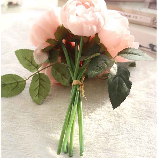1 Bó 6 Bông Hoa lụa cao cấp trang trí nhà cửa mô phỏng hoa hồng trà mẫu đơn mang nét đẹp gần gũi với hơi thở Âu Châu