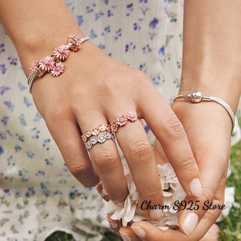 combo bộ vòng tay mềm Ale mix 5 hạt charm pan hoa cúc màu hồng bạc s925 cao cấp