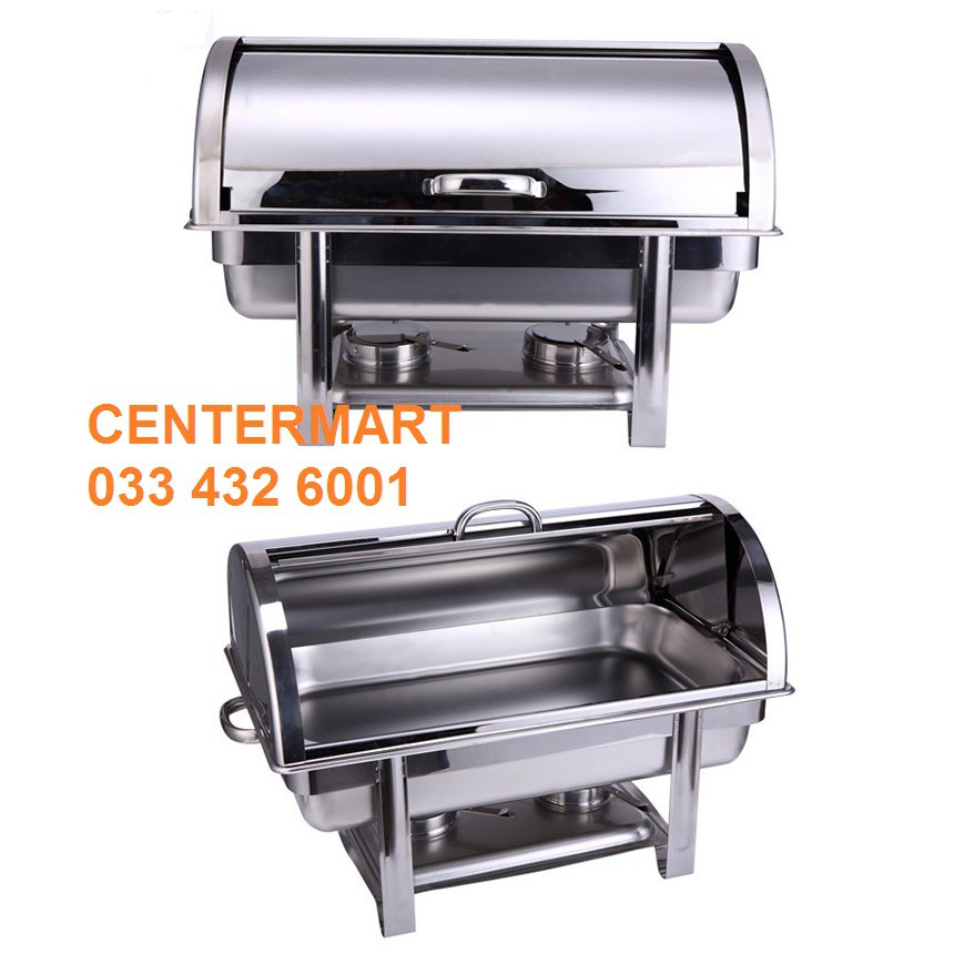 Nồi hâm buffet nắp vòm trượt, inox dầy bóng, chân hàn liền đun cồn hoặc điện