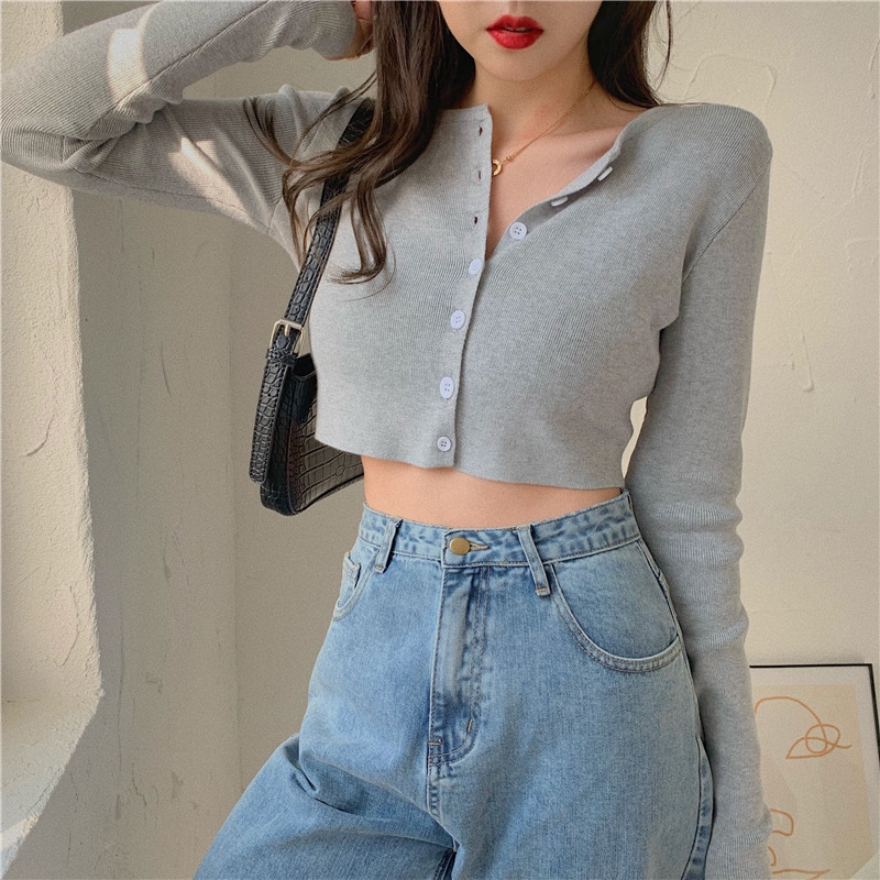 SUXI Áo khoác cardigan dệt kim tay dài màu trơn thanh lịch cho nữ