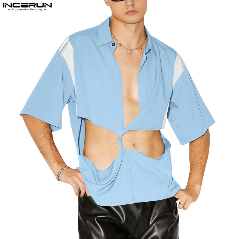 Áo sơ mi INCERUN tay ngắn dáng rộng thiết kế cắt lỗ thời trang cá tính cho nam