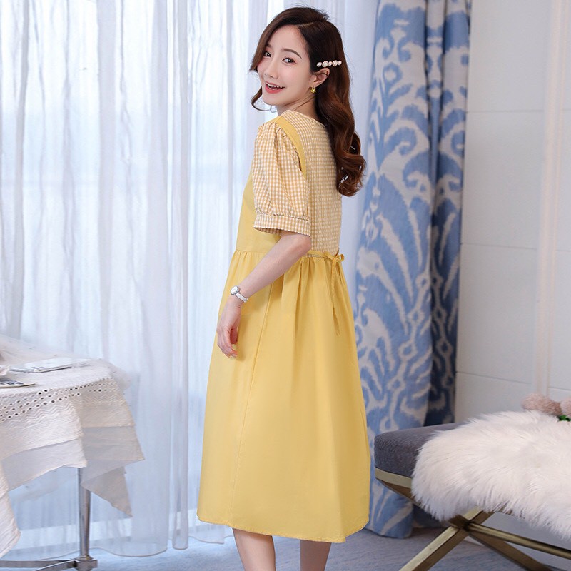 Váy Bầu Công Sở, Đầm Bầu Babydoll Vàng Phối Kẻ Vàng Giả Yếm [Video + ảnh thật ]