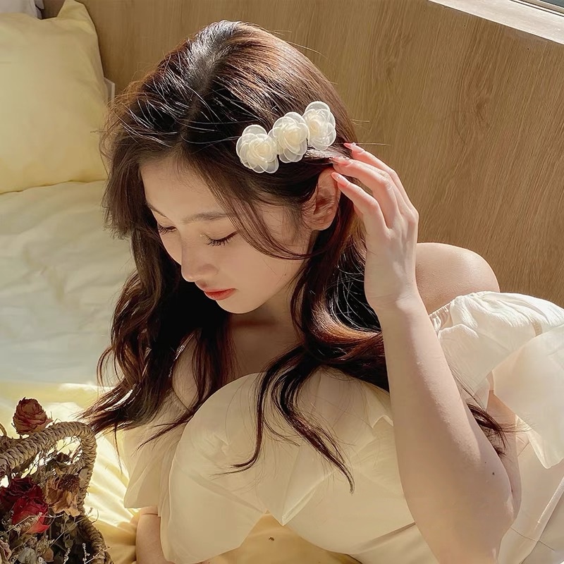 Kẹp Tóc Đính Hoa Trà Lưới Kiểu Hàn Quốc Dễ Thương Cho Nữ