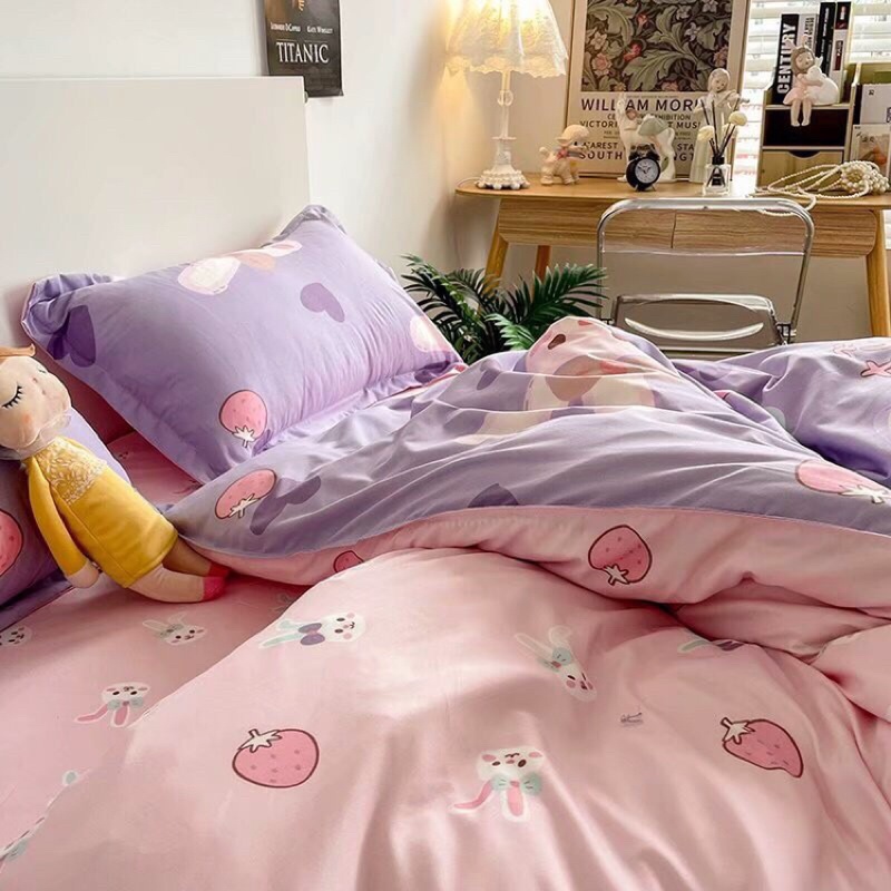Bộ chăn ga poly nhập khẩu chần bông dày liền ruột-mẫu thỏ Stella tím pastel Decor Home