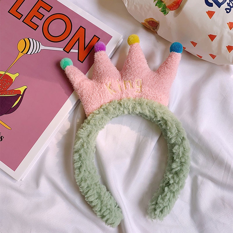 Băng đô cài tóc rửa mặt Hình Vương Miện Phối Lông Dễ Thương Phong Cách Hàn Quốc Cho Nữ