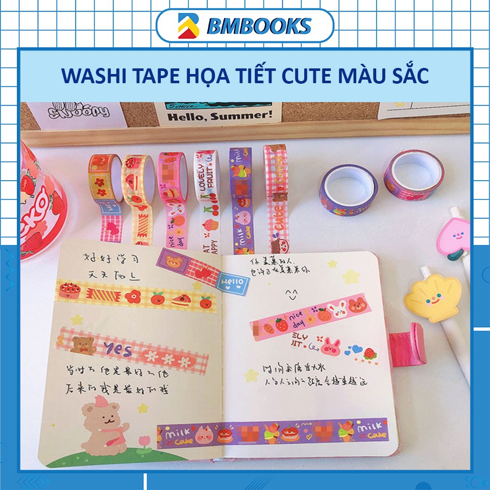 Washi tape cute chủ đề Bear Fruit nhiều màu sắc kèm hoạ tiết dễ thương dài 3m siêu tiết kiệm BmBooks