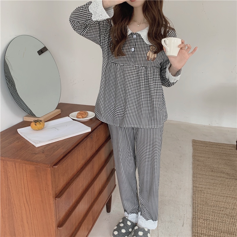 Bộ đồ ngủ pijama dài tay kẻ sọc ren mặc ở nhà mùa thu và mùa đông Hàn Quốc