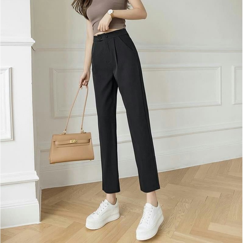 [FREESHIP]Quần vải nữ cạp cao ống đứng có đai 2 nút khuy bấm mềm mại dáng dài-Quần tây nữ lưng cao mặc công sở sinh viên