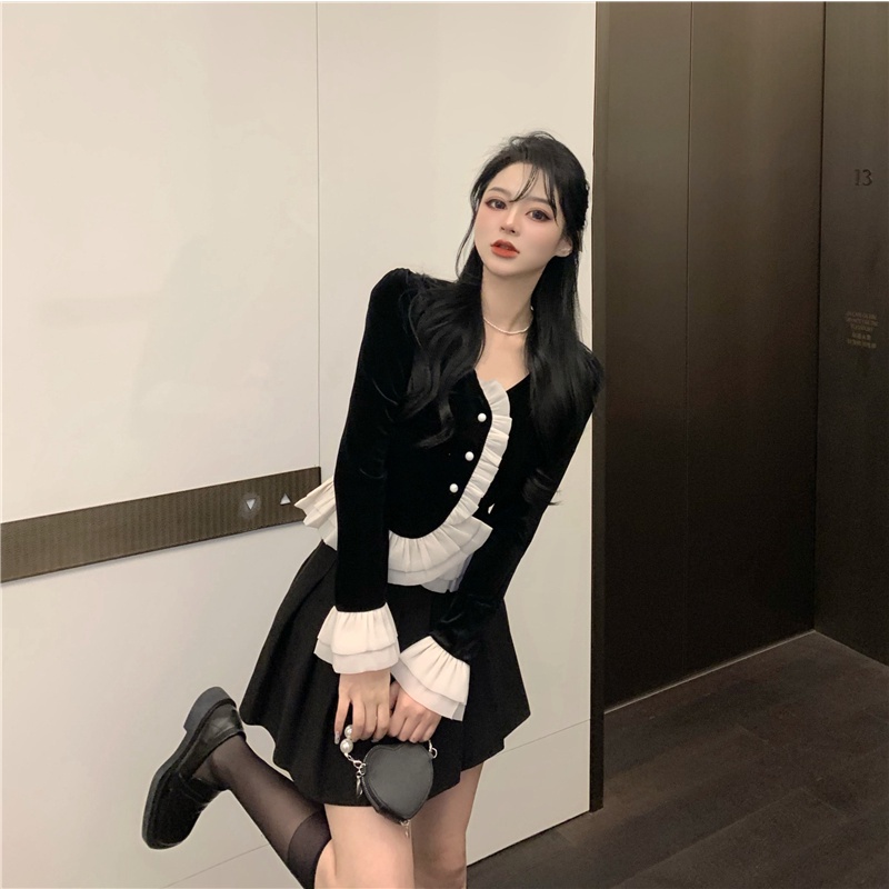 Áo cardigan tay áo cánh hoa / váy lưng cao xếp ly [bán riêng lẻ]